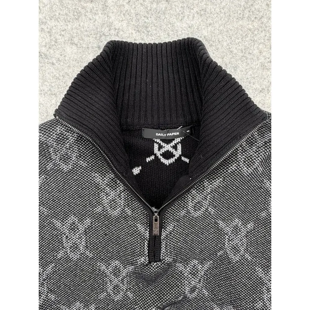 NWT Daily Paper Tems Black Knit Monogram Quarter-Zip Sweater Size MEDIUM